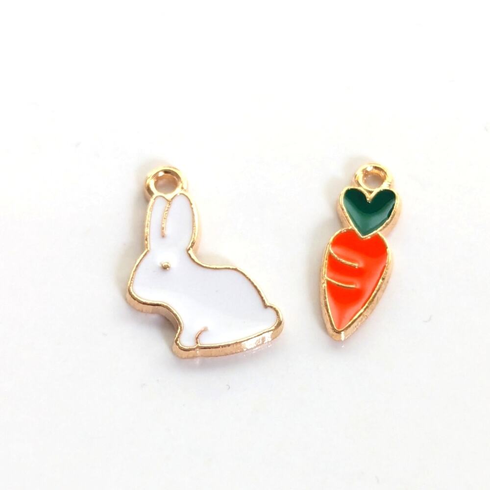 Whimsy Gold Tone White Bunny Rabbit Carrot Mini Pendant Bracelet Charms Set Of 2
